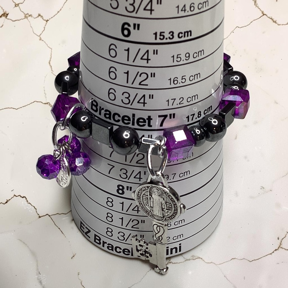 Saint Benedict Hematite Purple Crystal Key Charm Stretch Bracelet Religious - Picture 6 of 6